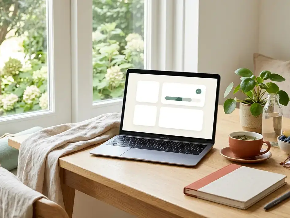 Laptop op een rustig bureau met thee, fruit, een plant en accessoires voor beweging en ontspanning.