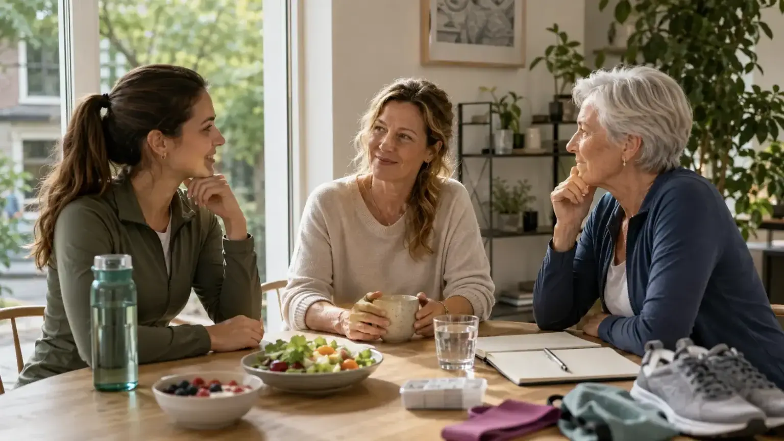 Drie vrouwen van verschillende leeftijden staan symbool voor vrouwengezondheid en veranderende behoeften per levensfase. Vrouwengezondheid