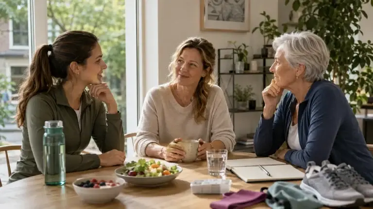 Drie vrouwen van verschillende leeftijden staan symbool voor vrouwengezondheid en veranderende behoeften per levensfase. Vrouwengezondheid