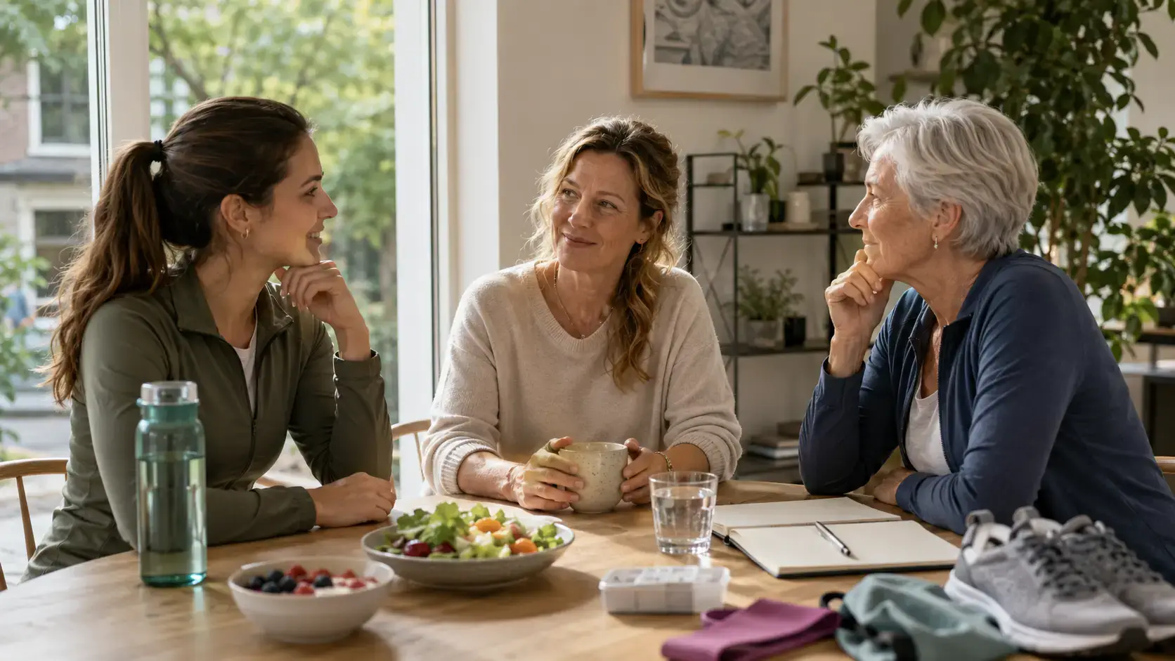 Drie vrouwen van verschillende leeftijden staan symbool voor vrouwengezondheid en veranderende behoeften per levensfase. Vrouwengezondheid