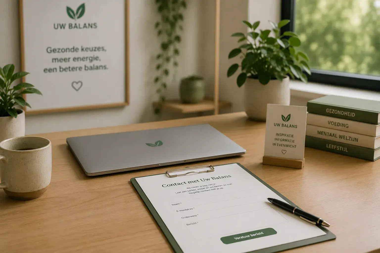 Gesloten laptop en contactformulier van Uw Balans op een rustige werkplek met planten, boeken en natuurlijke groene accenten.