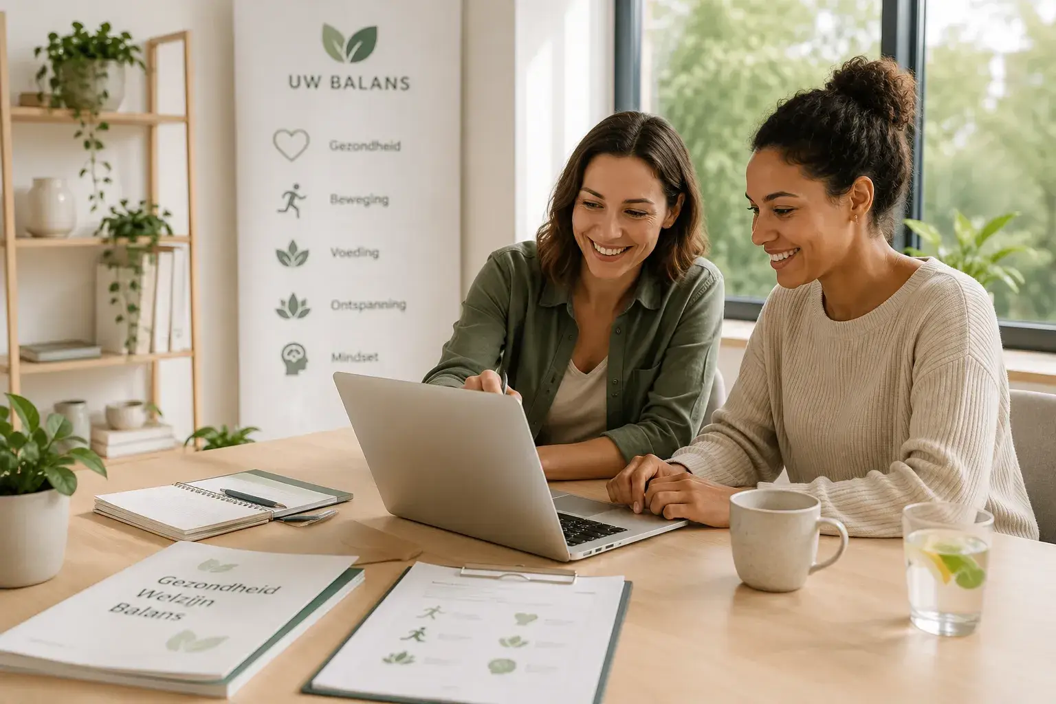 Twee professionals bespreken via een laptop een mogelijke samenwerking met Uw Balans op het gebied van gezondheid, welzijn en een bewuste leefstijl.