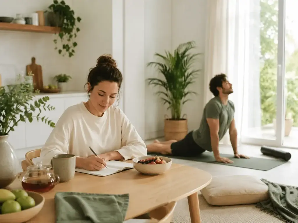 Vrouw schrijft in een notitieboek aan tafel terwijl een man yoga doet in een lichte, rustige woonruimte met gezonde voeding en planten.