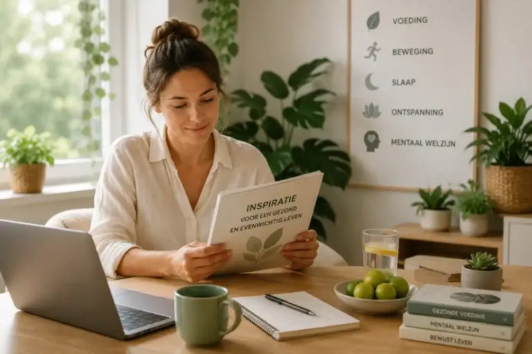 Vrouw leest informatie over gezonde voeding, beweging, slaap, ontspanning en mentaal welzijn in een lichte en rustige woonomgeving.