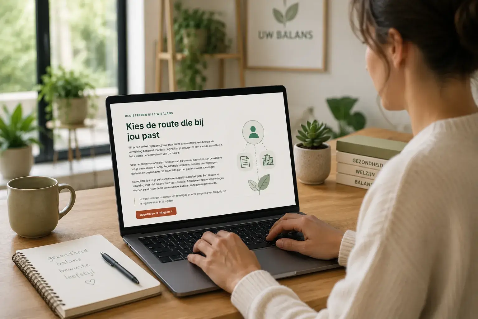 Vrouw registreert zich via een laptop bij Uw Balans om als bijdrager, partner of organisatie toegang te krijgen tot het externe beheersysteem.