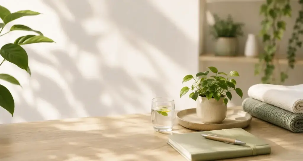 Rustige werkplek met groene planten, een notitieboek, een glas water en opgevouwen handdoeken in een lichte natuurlijke omgeving.