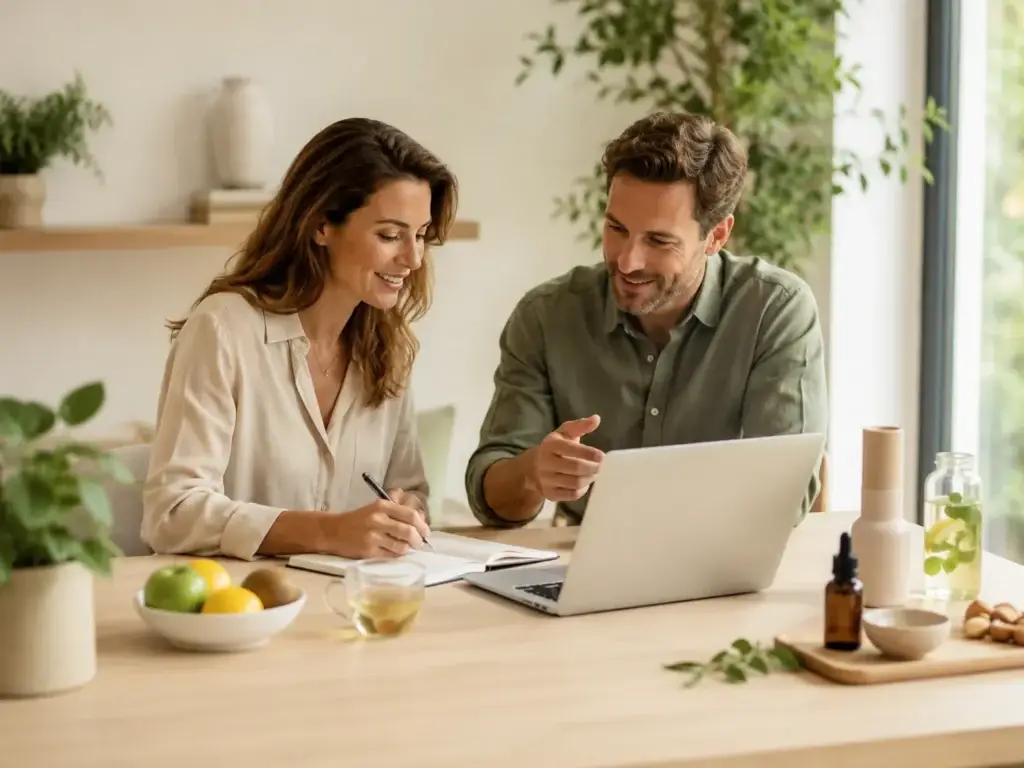 Twee professionals bespreken een samenwerking rond gezondheid en lifestyle aan een tafel met een laptop, notitieboek, fruit en natuurlijke producten.
